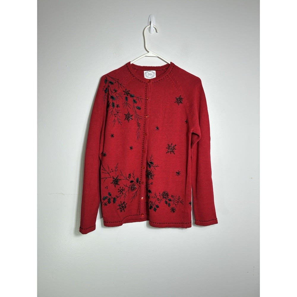 Stitches In Time Cardigan Sz Small Red Holiday Christmas Preppy embellished